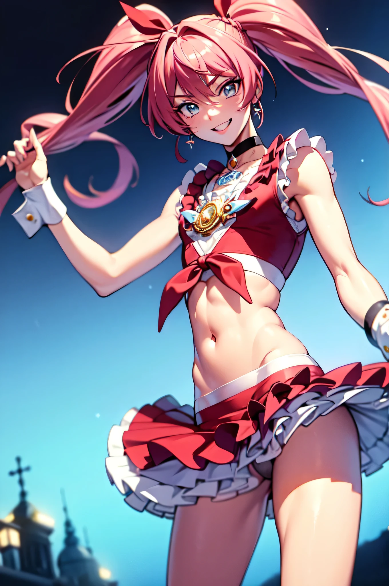 1boy、Cure Melody as a boy、belly button、Toned body、Pink hair ribbon:1.2、hair band、Red knee socks、Red High Heels、Wrist Cuffs、Twin tails、gem、Frills、Anime Coloring、masterpiece、highest quality、looking at viewer、Depth of written boundary、looking at viewer、1 boy、solo、Contrasting、smile、looking at viewer、(Cowboy Shot:1.5)、Mouth closed、Night Sky、crossdressing、(male body:1.3)、