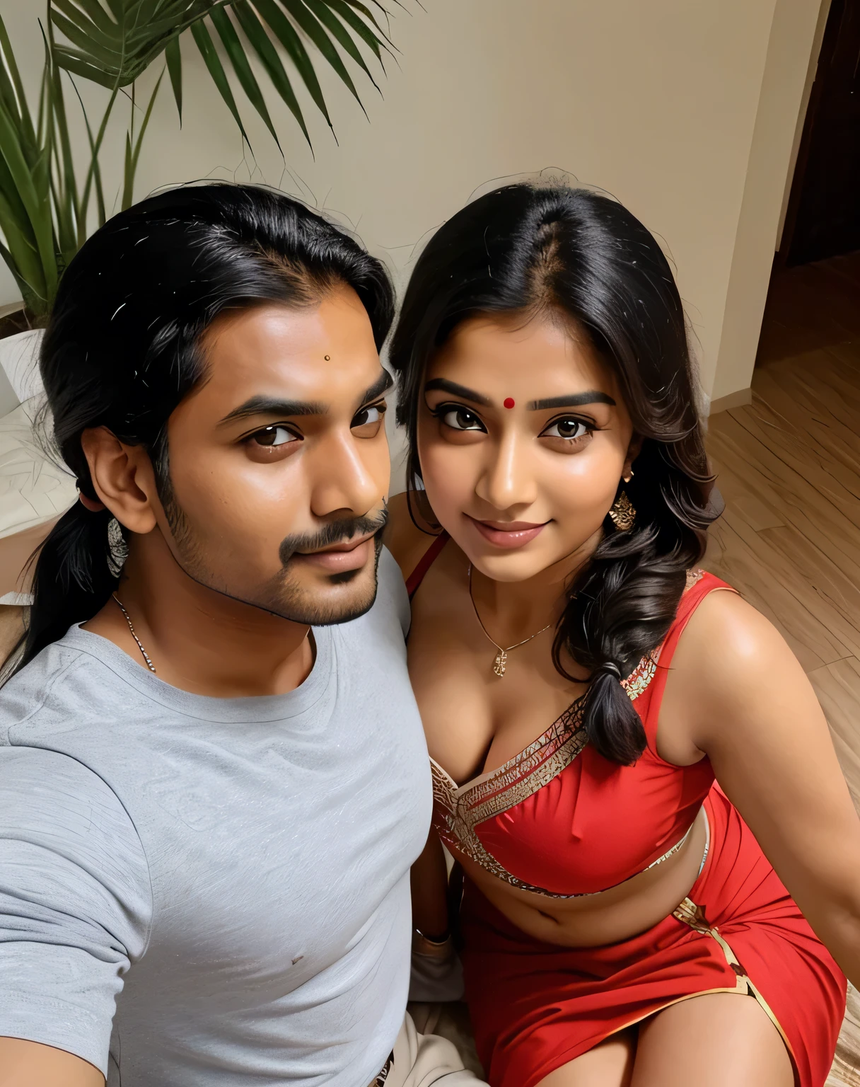 Indian couple selfie pose top angle view, pony tail, big clevage