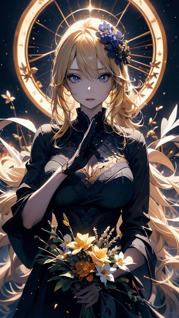 masterpiece, high quality, 4K, Beautiful design, silhouette,blonde, 非常に詳細な夜のStarry Sky,Flower Field, wonderful, Finer details, Very knowledgeable woman, Highly detailed solo, 1 female,Big Breasts,Gothic Lolita Fashion,witch,Night view,Starry Sky,full moon,
