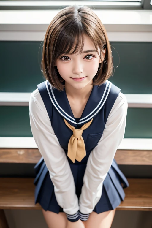 (8k, RAW Photos:1.2), Detailed face and eyes,最high quality, 超A high resolution, Very detailed ,Intricate details ,Tabletop ,pretty girl ,Beautiful brown eyes, 18-year-old, smile:1.1, Soft cinematic light, Hyper Detail,Sharp focus, high quality, Beautiful Hair, Bobcut, (Skinny body type:1.1), (Flat Chest:1.2), School Sailor Uniform, sit, (Leaning forward:1.5), School classroom, avert your eyes, (From above:1.1), Cowboy Shot、Blur the background、Face close-up、Knee-high socks