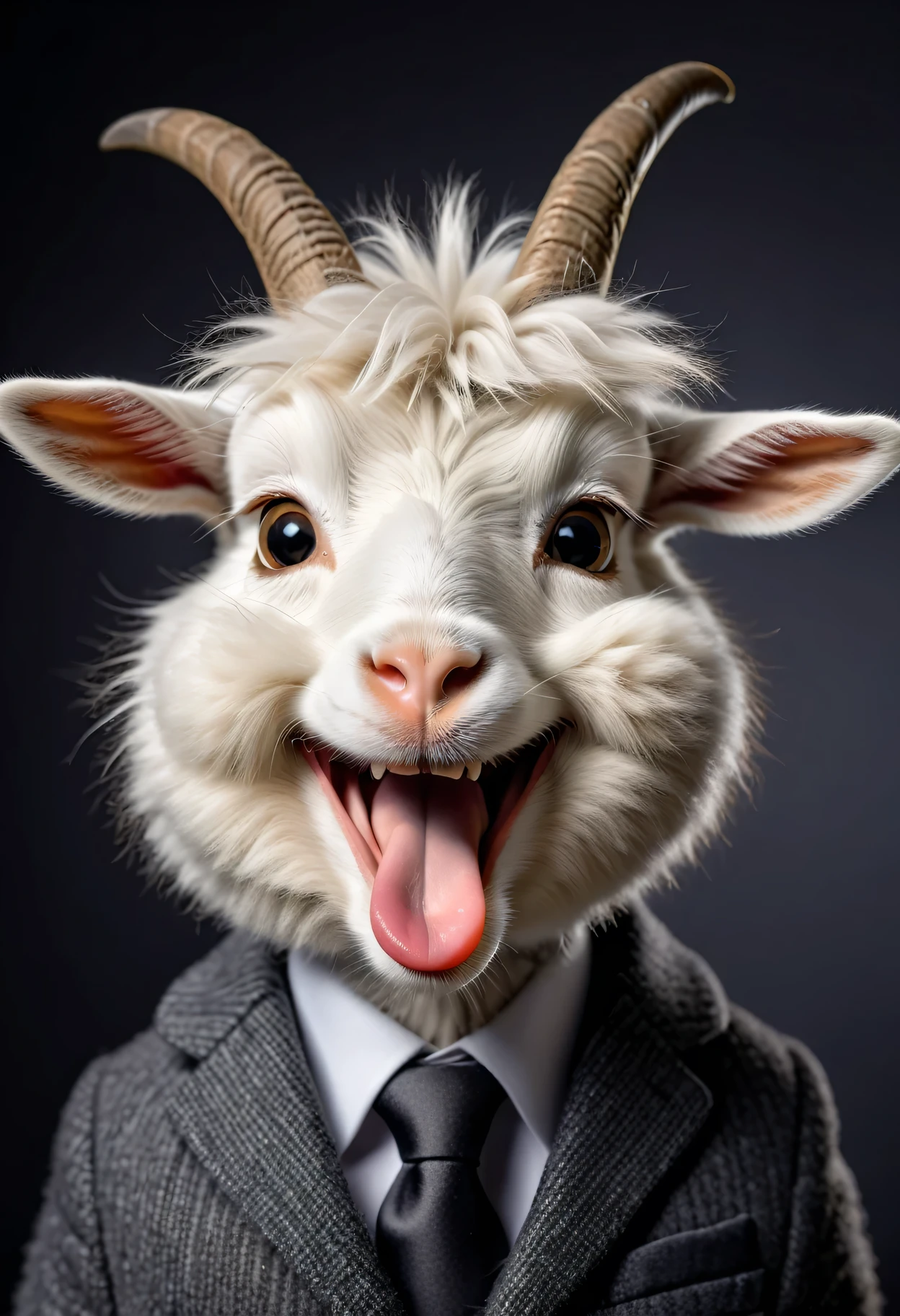 face close up photo of anthropomorphic cute angora goat,(furry), dressed in a dark gray suit, (sticking out tongue:1.2),(happy smile:1.5), roomlighting, Cinematic, hdr, primitive, Intricate, High quality, smoothing tones, Intricate details, Low contrast,(viewed from side:2.0), (looking at viewer:1.2), simple background