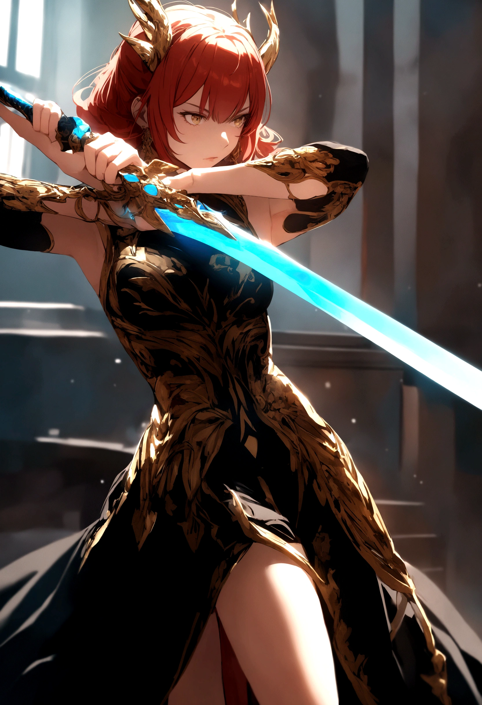 red head, Dragon girl, black and gold dress, blue flaming sword, pose