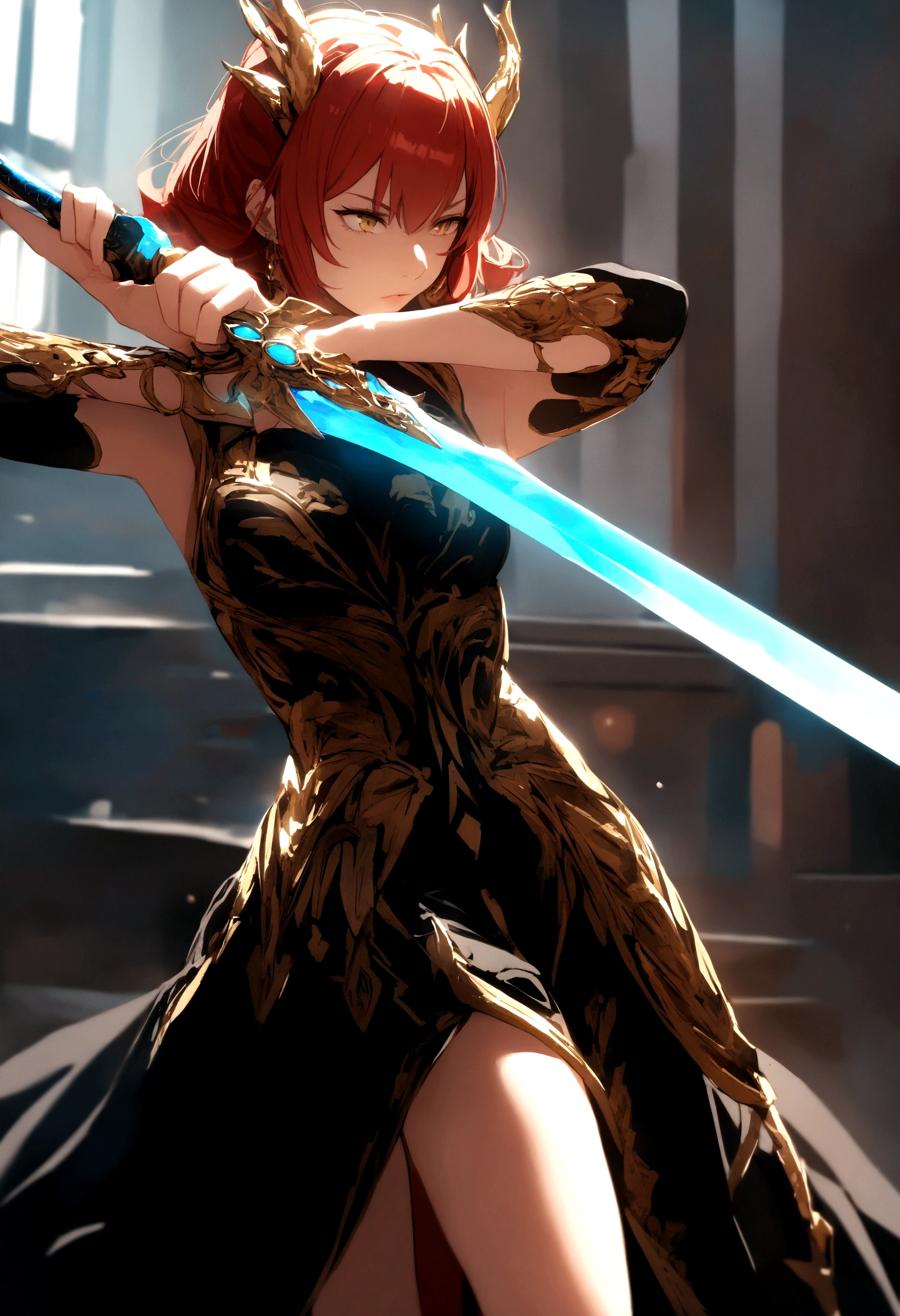 red head, Dragon girl, black and gold dress, blue flaming sword, pose
