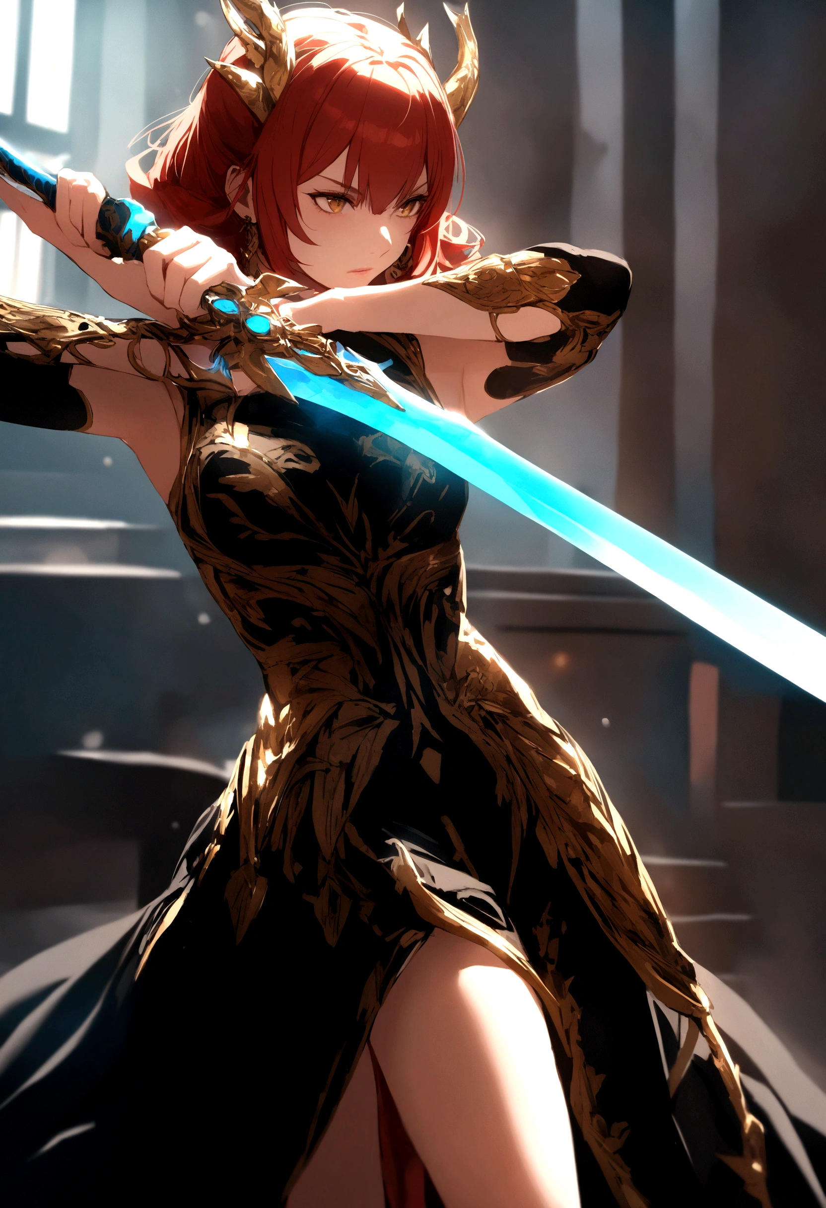 red head, Dragon girl, black and gold dress, blue flaming sword, pose