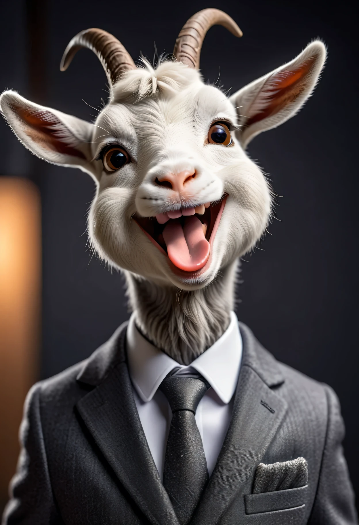 face close up photo of anthropomorphic cute  goat,(furry), dressed in a dark gray suit, (sticking out tongue:1.2),(happy smile:1.5), roomlighting, Cinematic, hdr, primitive, Intricate, High quality, smoothing tones, Intricate details, Low contrast,(viewed from side:2.0), (looking at viewer:1.2), simple background
