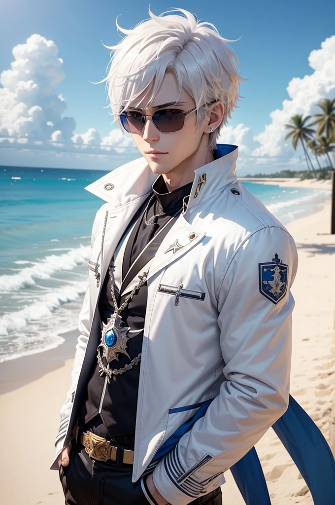 anime character with short hair and a white jacket, with white hair, anime handsome man, wearing king's crown, sunglasses, blue eyes, glowing eyes, royal styled, male anime character, 1boy, solo, suoh mikoto, the beach background, (day), smirk, cowboy shot, dynamic lighting