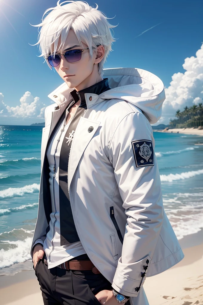 anime character with short hair and a white jacket, with white hair, anime handsome man, wearing king's crown, sunglasses, blue eyes, glowing eyes, royal styled, male anime character, 1boy, solo, suoh mikoto, the beach background, (day), smirk, cowboy shot, dynamic lighting