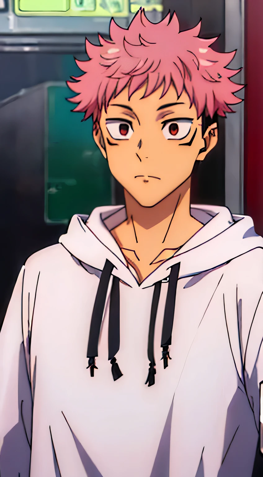 A jujitsu wizard, Yuji itadori, pink hair, wearing a white puma hoodie, hands emitting black flash, beautiful eyes, detailed eyes, detailed eyes, hd, beautiful quality