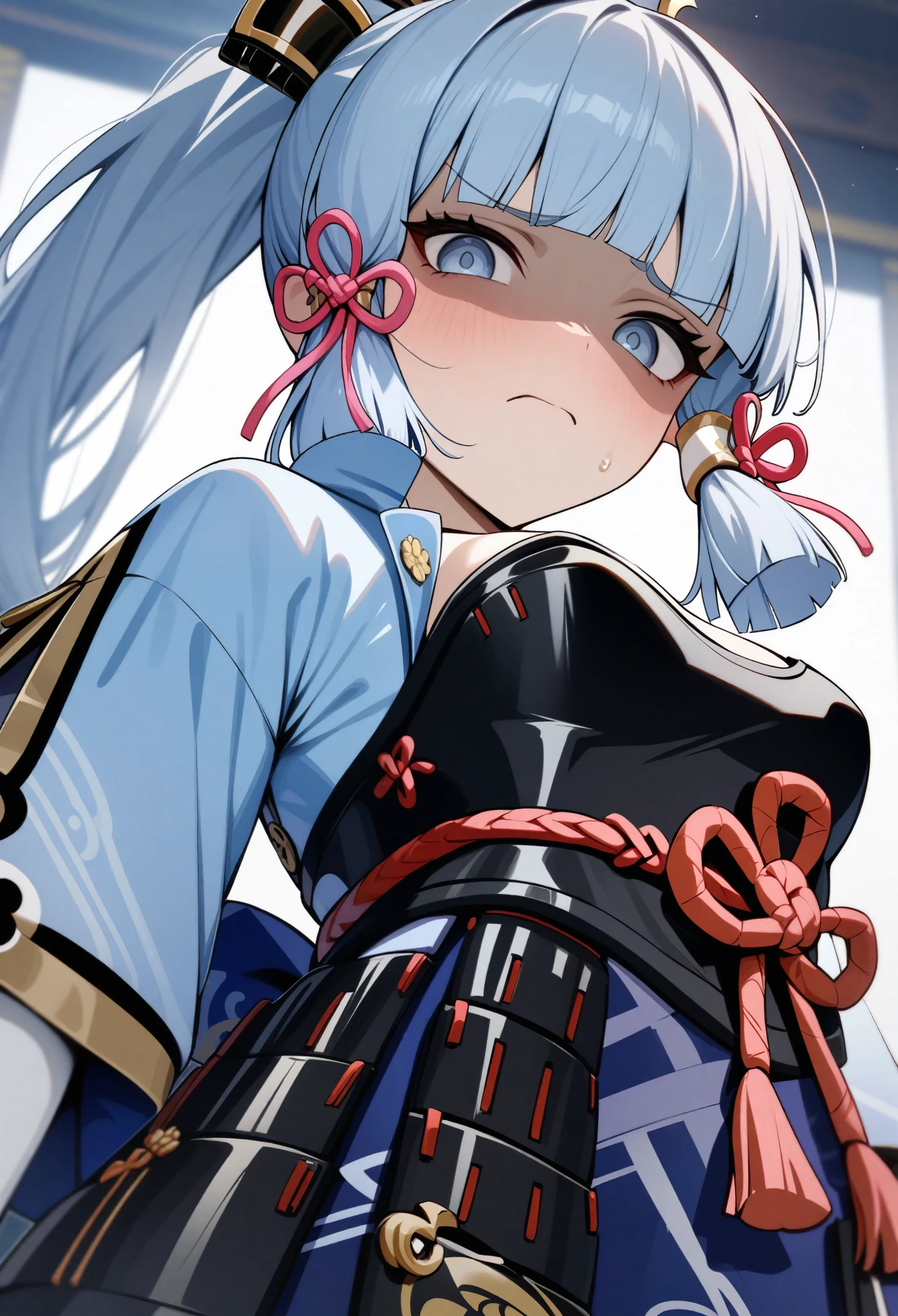 masterpiece, best quality, very aesthetic, absurdres, newest,1girl,upper body, from below, (contempt, disgust,shaded face,looking at viewer,frown),
Kamisato Ayaka,Kamisato Ayaka(genshin impact), light blue hair, blunt bangs, a small gold ornament, grey eyes, pony tail , medium breasts, blue Japanese clothes, obi, white socks