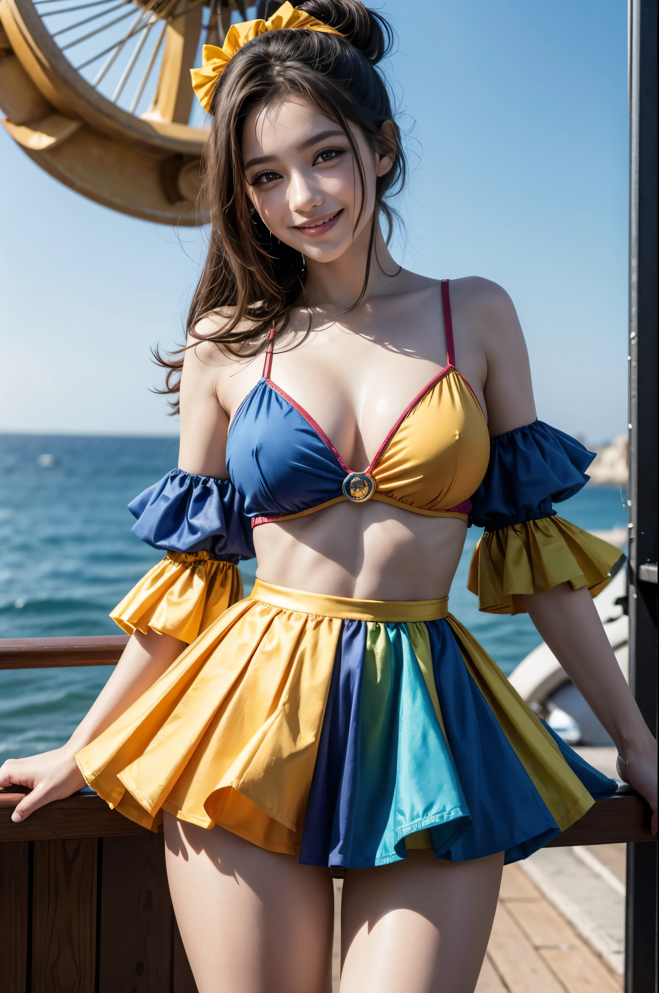 Ultra-realistic, 8K image photorealistic perfect body mulher arafe, mulher arafed em um vestido colorido, muitas cores, clown type outfit, com um cinto de ouro e um colar, 3 d render arte do caractere 8 k, Trend in CGTacing:, Chengwei Pan em ArtStation, inspirado em Lan Ying, 8K Artgerm Bokeh, 8k arte detalhada de alta qualidade, deviantart artstation cgscosiety, CGSetivity 8K, CGSetivity 8K and a clown all decked out and smiling next to it is a smiling clown on a blue sky day with a Ferris wheel in the background and lots of smiling toys