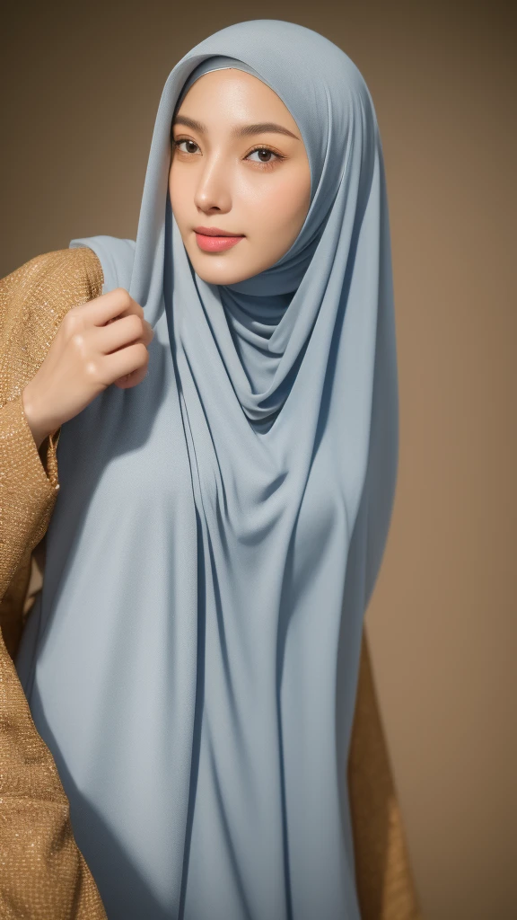 malay beautiful girl in hijab, intricate detailed hijab, beautiful detailed eyes, beautiful detailed lips, extremely detailed face, long eyelashes, very big firm breast, delicate facial features, serene expression, graceful pose, natural lighting, soft color palette, warm tones, cinematic composition, high quality, 8k, ultra-detailed, photorealistic, masterpiece