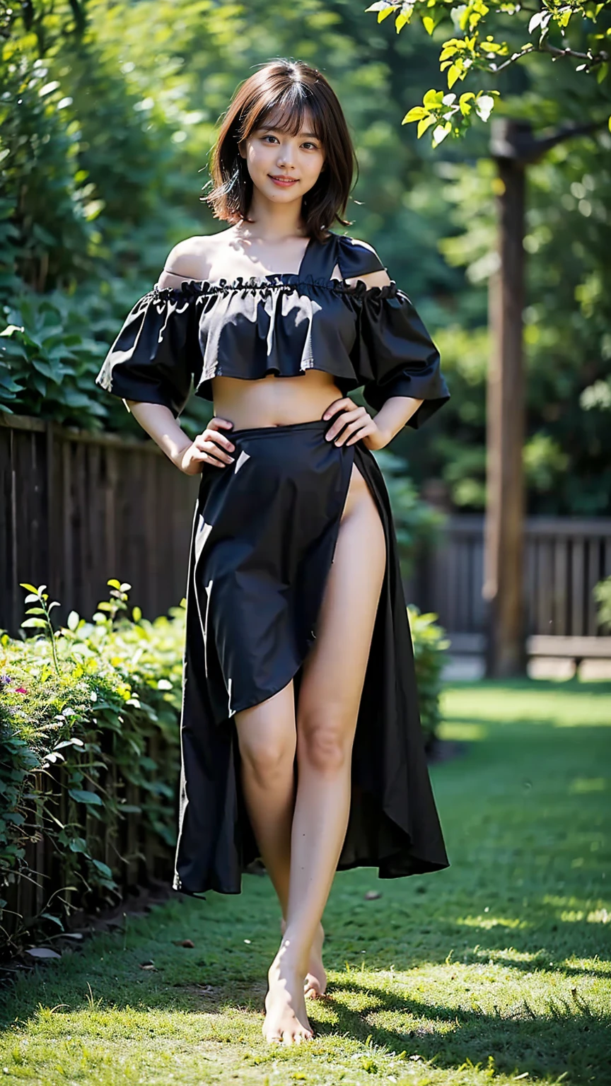 (8k、RAW Photos、highest quality、masterpiece:1.2)、(Realistic、Realistic)、1 girl、((garden、short hair、Off the shoulder、Belly button、smile、National costume、Large Breasts、Black ee-through、Frills、Semi-long hair、barefoot、Facing forward、Standing with hands on hips))、