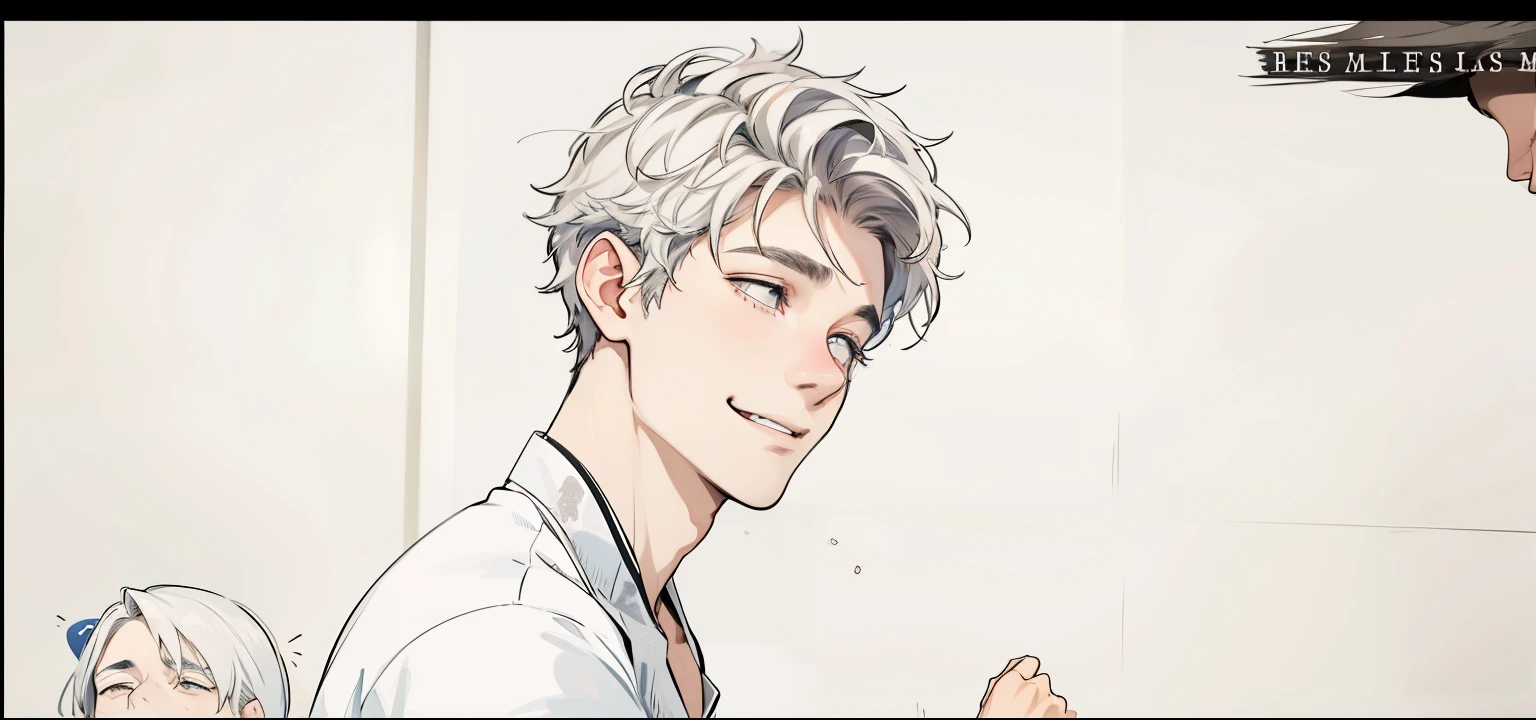 There are two handsome 18-year-old men, one of them is smiling, the other is worried and afraid.