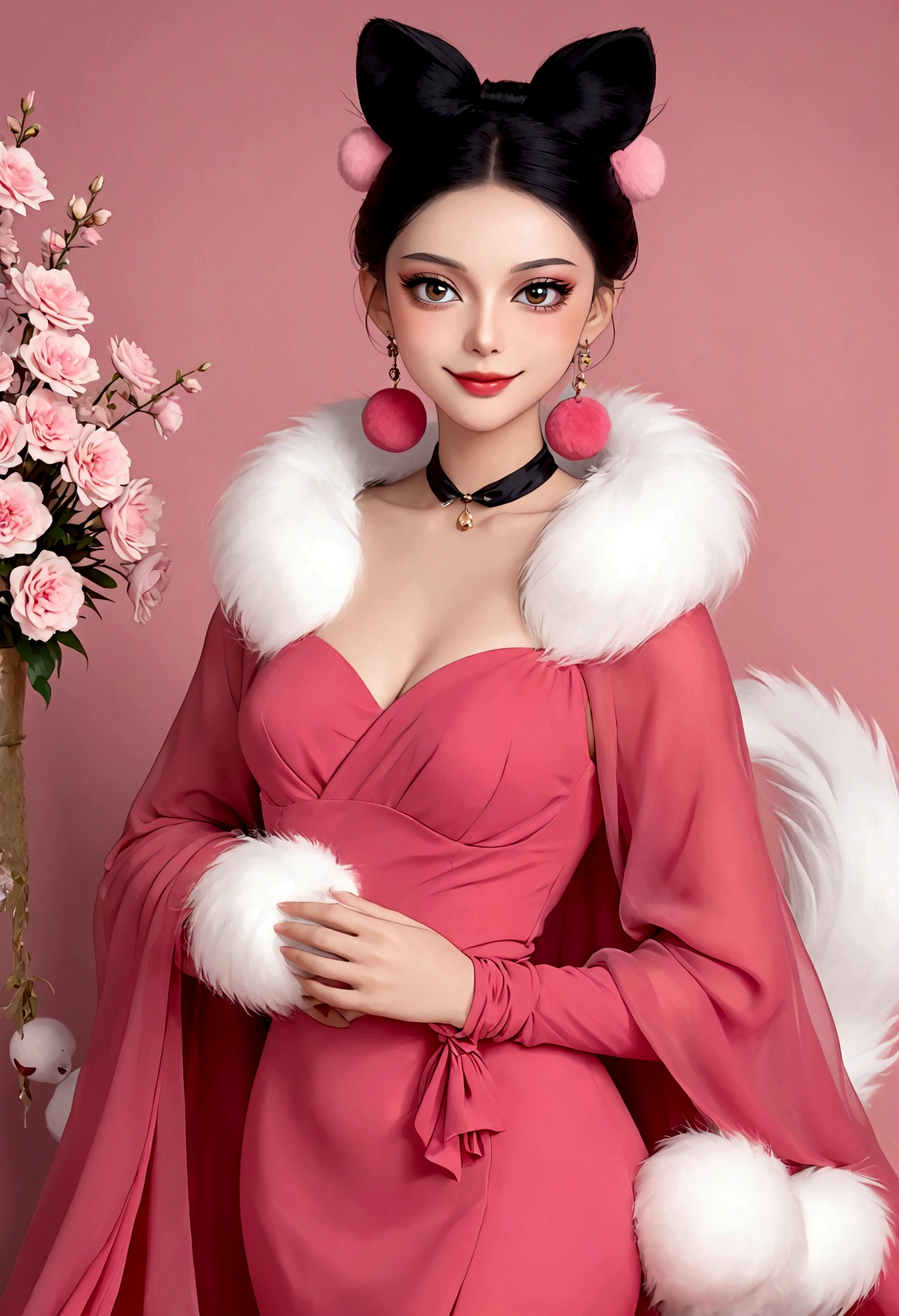 Noble and elegant girl，Beautiful face，beautiful eyes，Pink Eyeshadow，blush，Smile，(((1 big, fluffy tail)))，Black high bun，Pink pompom earrings，Sexy red tube top dress，Fur collar shawl