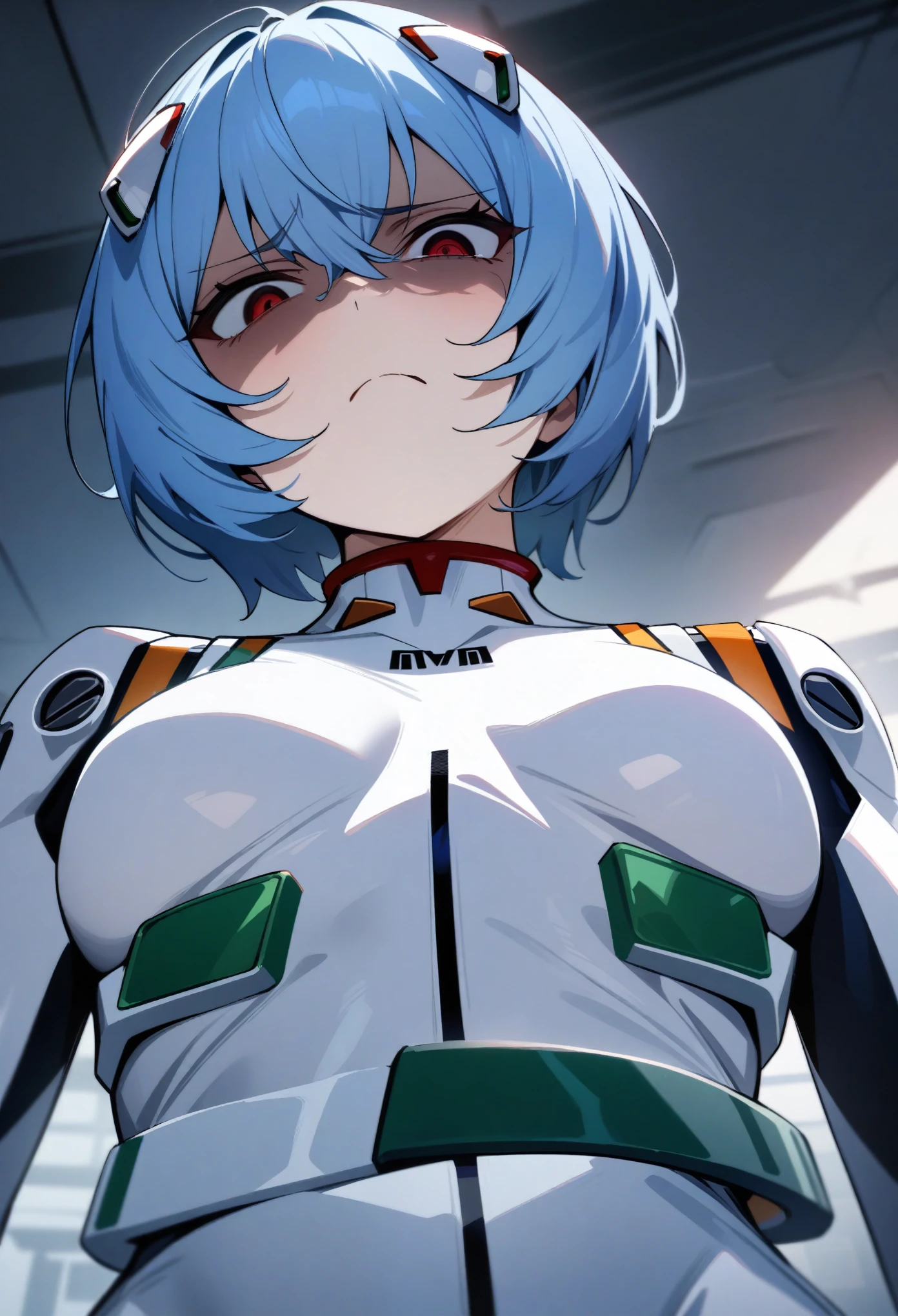 masterpiece, best quality, very aesthetic, absurdres, newest,1girl,upper body, from below, (contempt, disgust,shaded face,looking at viewer,frown),
Ayanami Rei,white bodysuit,red eyes,pilot suit,short hair,blue hair,bangs,interface headset,turtleneck,hair between eyes