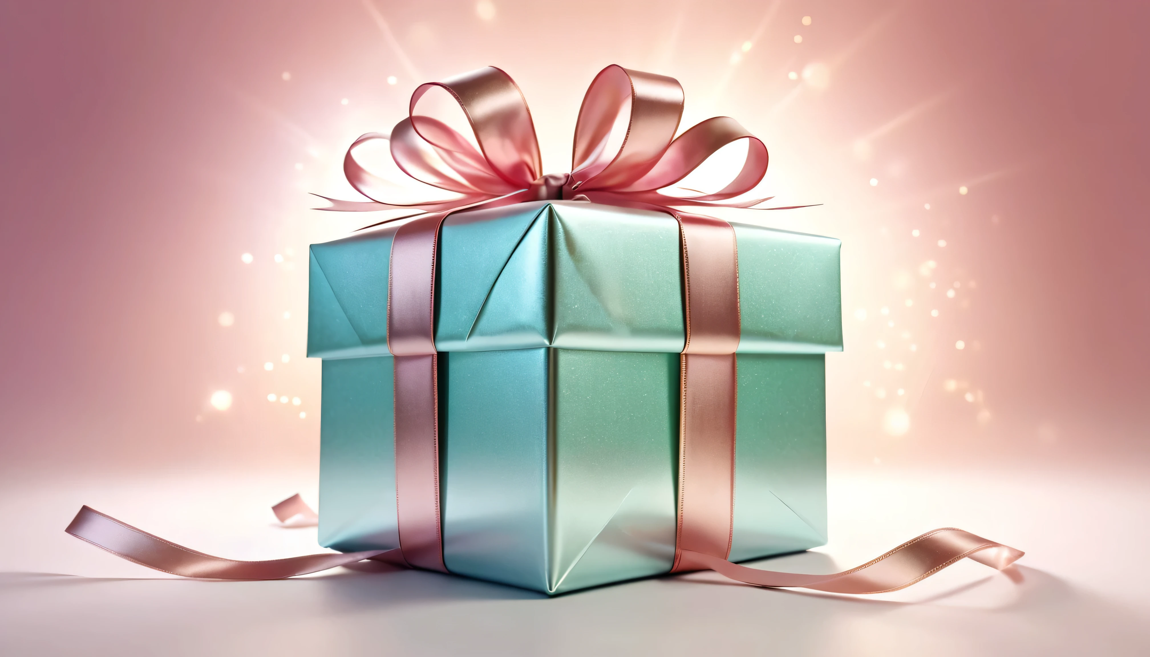 a beautifully wrapped gift box, shiny metallic surface, intricate bow, sparkling lights, glowing ethereal glow, soft pastel colors, highly detailed, photorealistic, 8k, hyperrealistic, cinematic lighting, elegant, luxurious, intricate details, delicate ribbons, glossy texture, dramatic shadows, warm highlights, mesmerizing, award winning