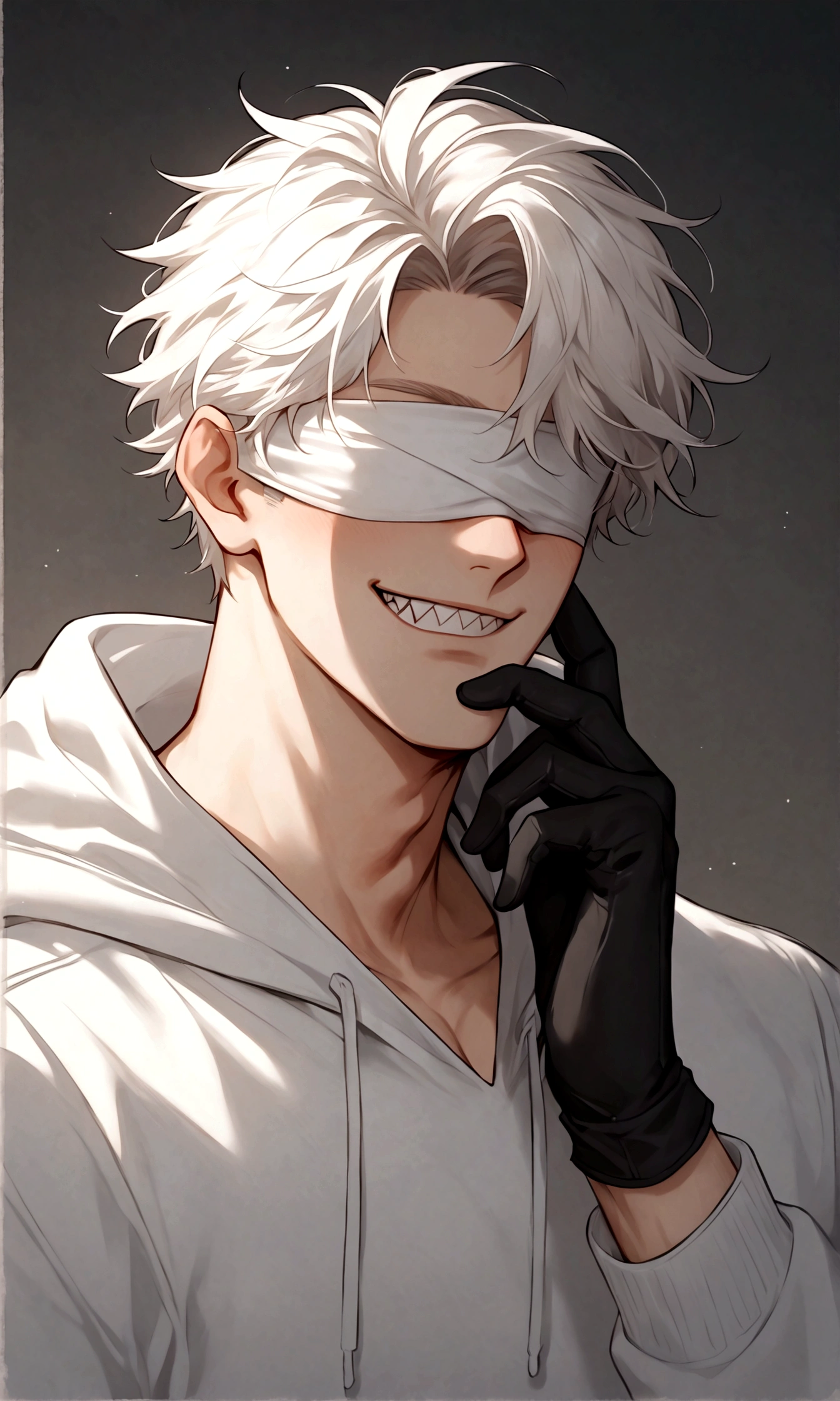 1man, mature male, short white hair, white hoodie, white blindfold, sharp teeth, black leather gloves, smile, score_7_up, score_8_up, score_9_up