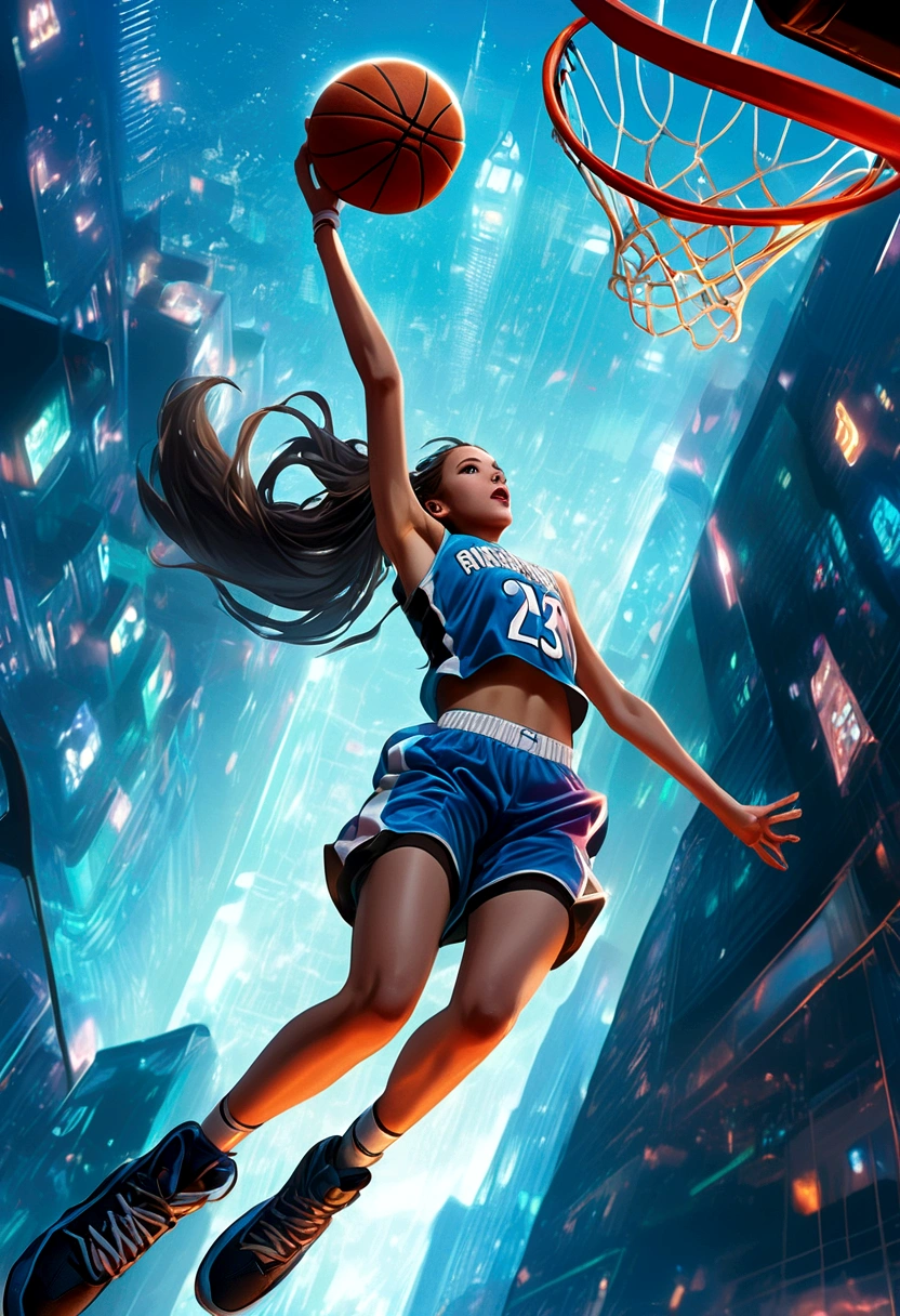 (masterpiece), (highest quality),、A female basketball player jumps from the ground to a basketball goal on the top floor of a skyscraper and hangs from the goal after making a dunk shot、、A small view of the city below、Dynamic Movement、Shooting from above、City of night、looking at the camera
