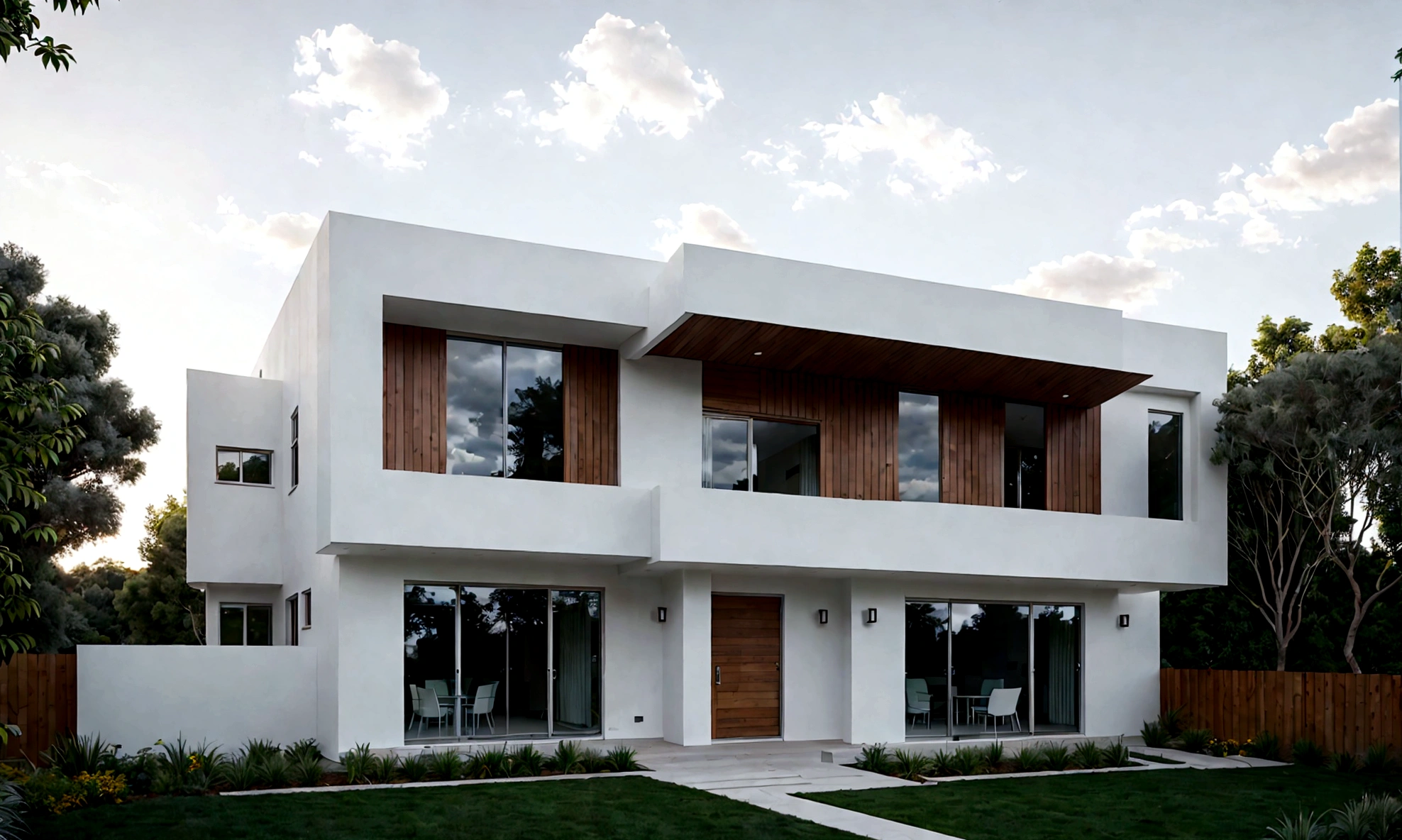 3-storey modern house, beautiful view, large windows, ((white wall)), (glass railing), surrounded by green trees, lawn, (large sliding glass door), linear lines, sunset light , neutral light, beautiful sky, cloudy, landscape, plain terrain, RAW photo, subject, 8k uhd, dslr, soft light, high quality, film grain, canon 5d max4