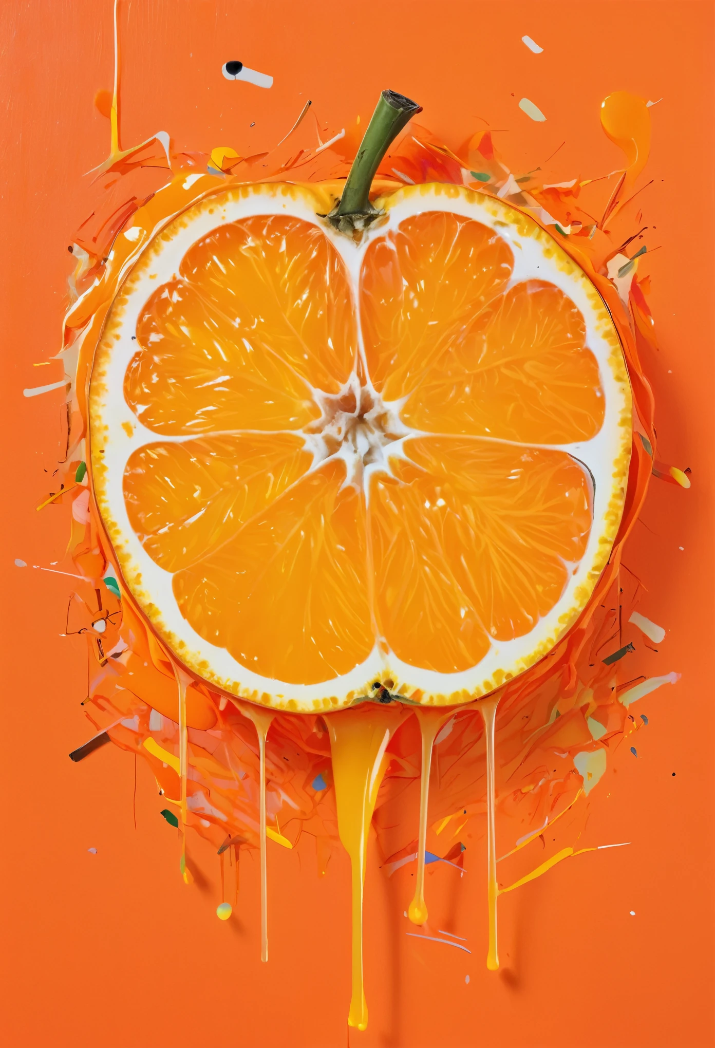 Graffiti, scribble, Comics by Petra Cortright, best quality, masterpiece, an orange cut in half an orange juice dripping from it artwork, Representative work, official art, Professional, Ultra intricate detailed, 8k, orange cut in half and orange juice dripping from it art, colourful background