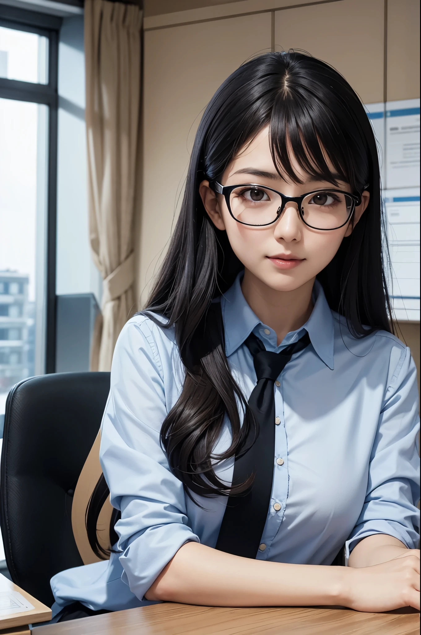 Beautiful black-haired girl with brown eyes, glasses and long hair in a secretary uniform in an office photo shoot