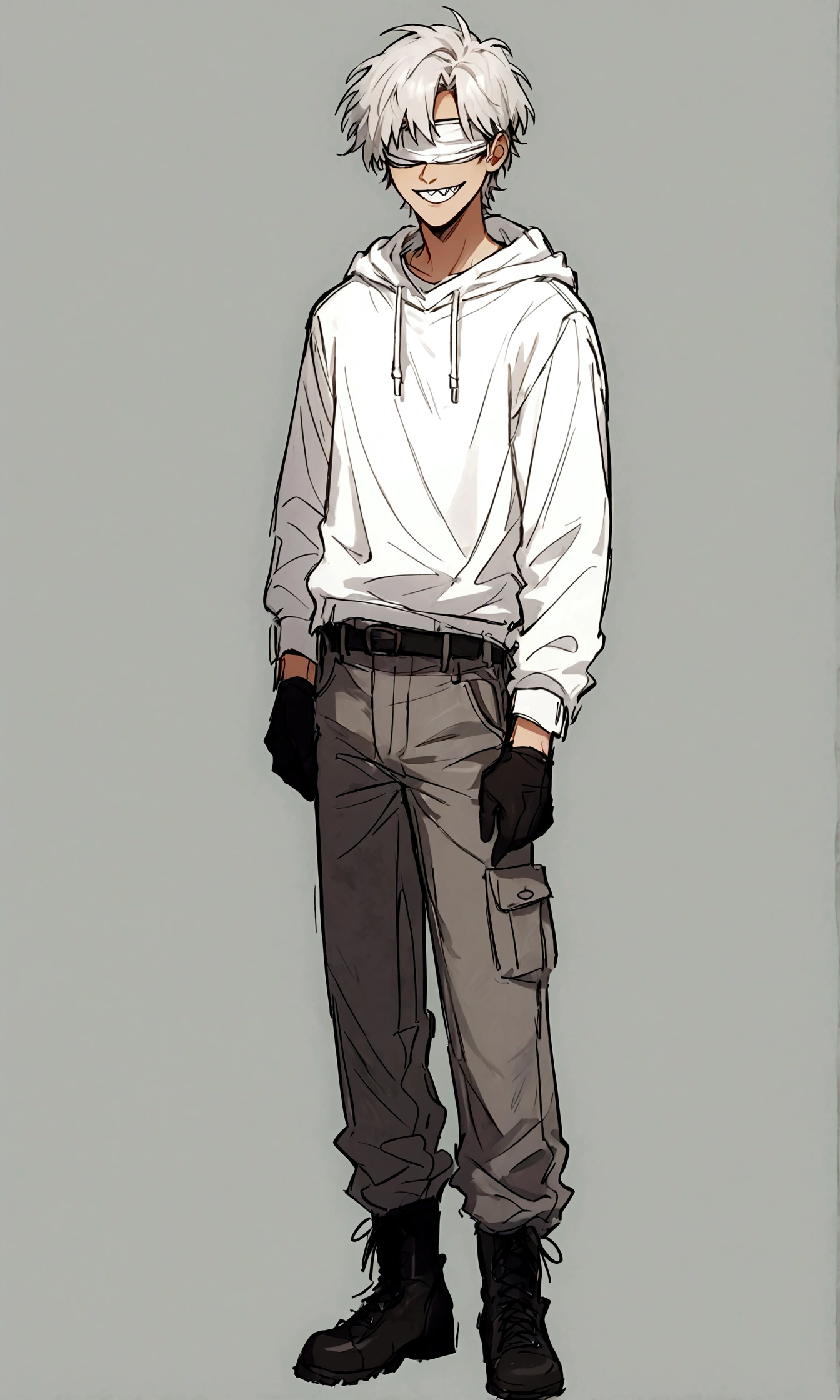 1man, mature male, short white hair, white hoodie, white blindfold, sharp teeth, black leather gloves, grey cargo pants, boots, standing, smile, score_7_up, score_8_up, score_9_up, grunge, sketchy lines