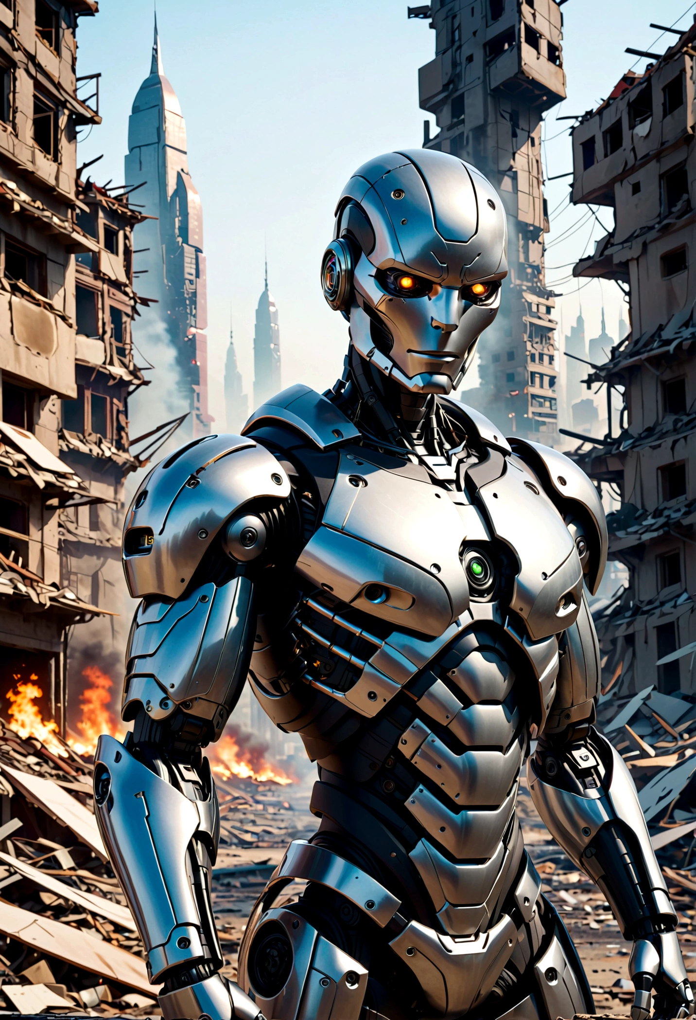 Highly sophisticated robots, Crossed arms in front of a destroyed city, Disgusted look, angry, anger, The bionic body is full of futuristic elements. 