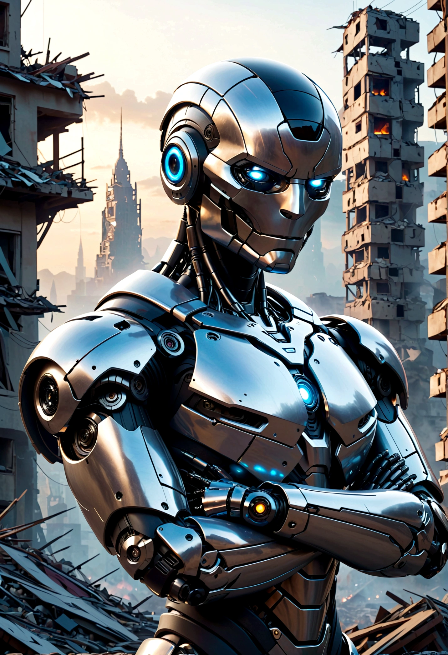 Highly sophisticated robots, Crossed arms in front of a destroyed city, Disgusted look, angry, anger, The bionic body is full of futuristic elements.