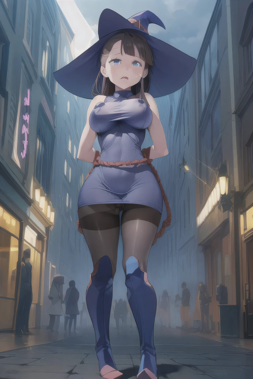 adult content, explicit content, akkokagari , akko kagary, (akko kagari standing up with high heels boots:1.3), long hair, bangs, blue eyes, brown hair, she wears her hat, BREAK sexy witch's minidress (sexy witch's minidress that shows her pussy:1.7), interface headset, BREAK outdoors, city, sky, clouds, sun, BREAK looking at viewer, enraged, BREAK (masterpiece:1.2), best quality, high resolution, unity 8k wallpaper, (illustration:0.8), (beautiful detailed closed eyes:1.6), extremely detailed face, perfect lighting, extremely detailed CG, (perfect hands, perfect anatomy:1.6), she is standing up in the middle of the road, (she is crying in anger:1.5), (full body image from behind her:1.7), (professional lights:1.6), (athlete's legs:1.7), (dress that shows boobs:1.7), (black sexy pantyhose:1.8), (realistic tanned skin:1.6), (realistic lights:1.7); (her dress shows her naked boobs:1.6), (she wears high heels sexy boots:1.6), (realistic nipples:1.6), (realistic detailed pussy:1.7), (realistic closed eyes:1.7), (her hands are tied together behind her with a rope:1.8), (view angle from below:1.2)
