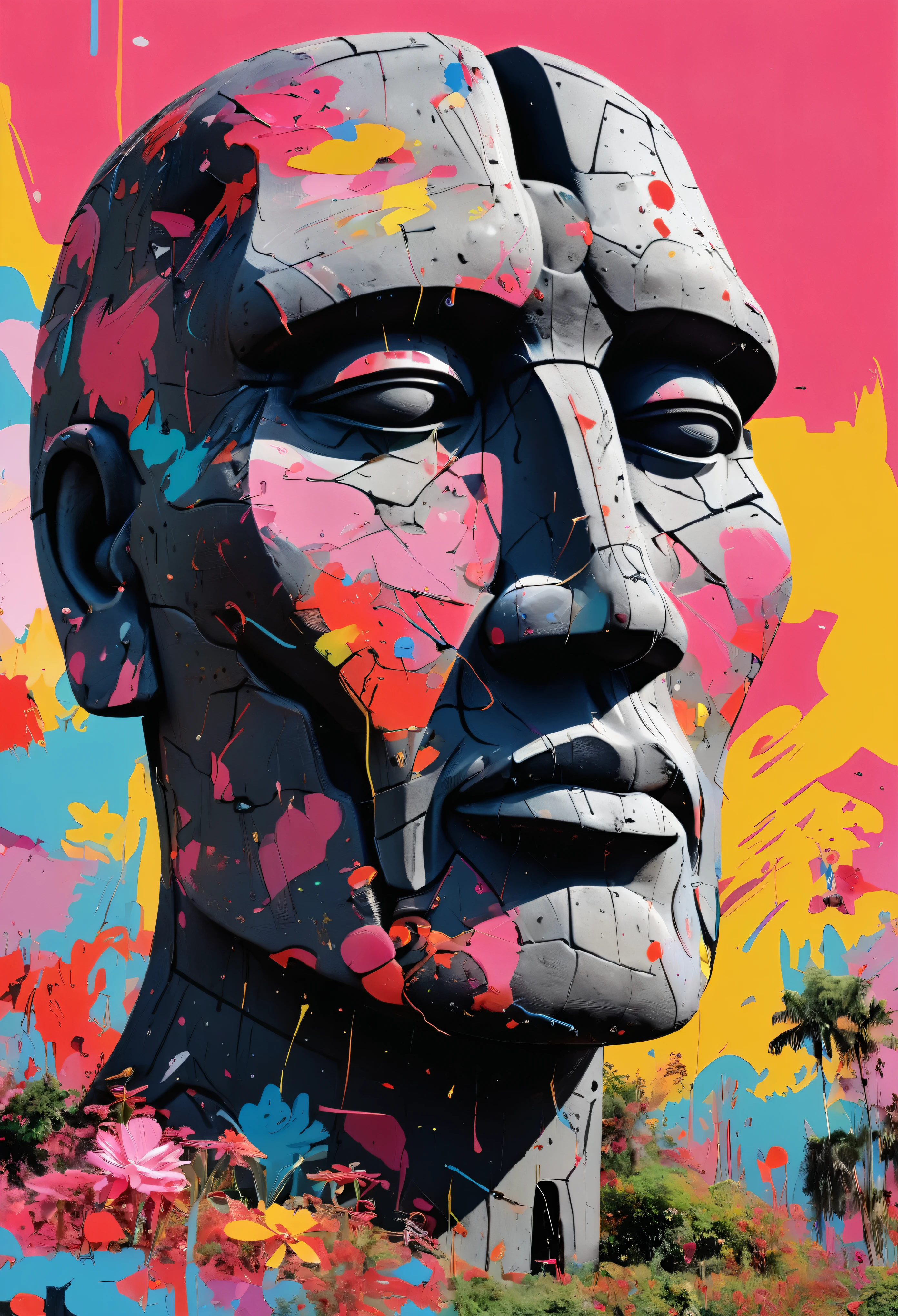 Graffiti, scribble, Comics by Petra Cortright, best quality, masterpiece, moai statue artwork, Representative work, official art, Professional, Ultra intricate detailed, 8k, moai statue art, colourful background