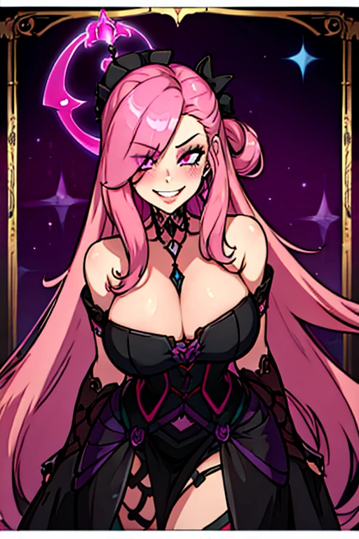 A pink haired female reaper with violet eyes and an hourglass figure in gothic ballgown is smiling and blushing in a Gothic ballgown