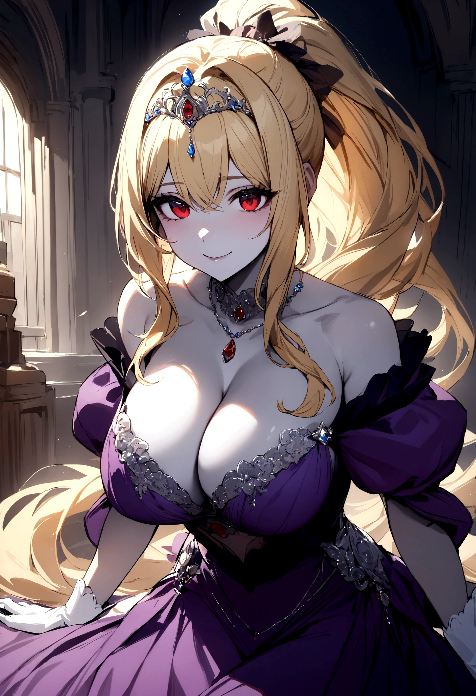(masterpiece), best quality, expressive eyes, perfect face, a woman is in a long gown and wearing white gloves, 1girl, solo, breasts, purple dress, long hair, large breasts, tiara, red eyes, cleavage, smile, blonde hair, jewelry, bare shoulders, ponytail, grey colored skin, necklace,