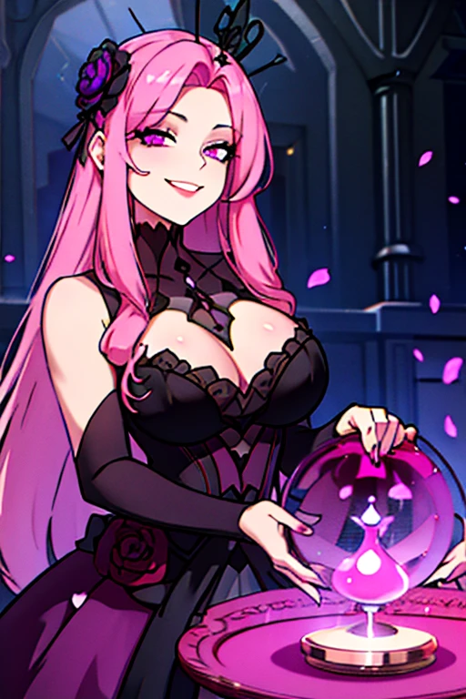A pink haired female reaper with violet eyes and an hourglass figure in gothic ballgown is smiling in a flurry of peony petals in a Gothic ball room
