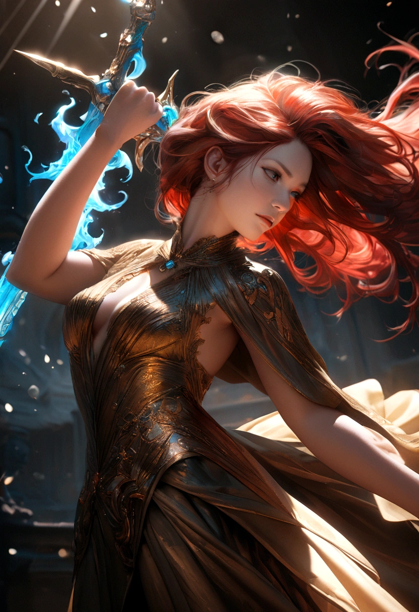 a beautiful redheaded girl in a black and gold dress, holding a blue flaming sword in a dramatic pose, ultra-detailed, 8k, hyperrealistic, cinematic lighting, fantasy art, vibrant colors, intricate details, dramatic shadows
