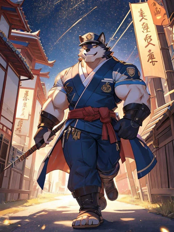 alone,masterpiece,male,Barrel(live a hero),Police Officer,tokyo,scale,Strong muscles, good looking,bright, early morning, countryside,Japanese Kimono,god々Shishi spear, Boldly smiling, performer, maleらしい, Toe Nails, amazing,Big crotch bulge,Friendly smile, Depth of written boundary, Perfect lighting, (Particles of light),(highest quality),(masterpiece),(Ultra de Shippo Ed),Sharp focus,Particles of light