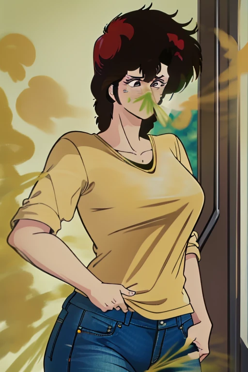 HD, high quality, high resolution, ultrahd,Kaori Makimura, 1female, wearing casual outfit, light green shirt, jeans, default hair, brown hair, very tall body, thin body, massive ????, yellow smoke, wide eyes, leaning, embarrassed, covering nose with hand, covering mouth with hand