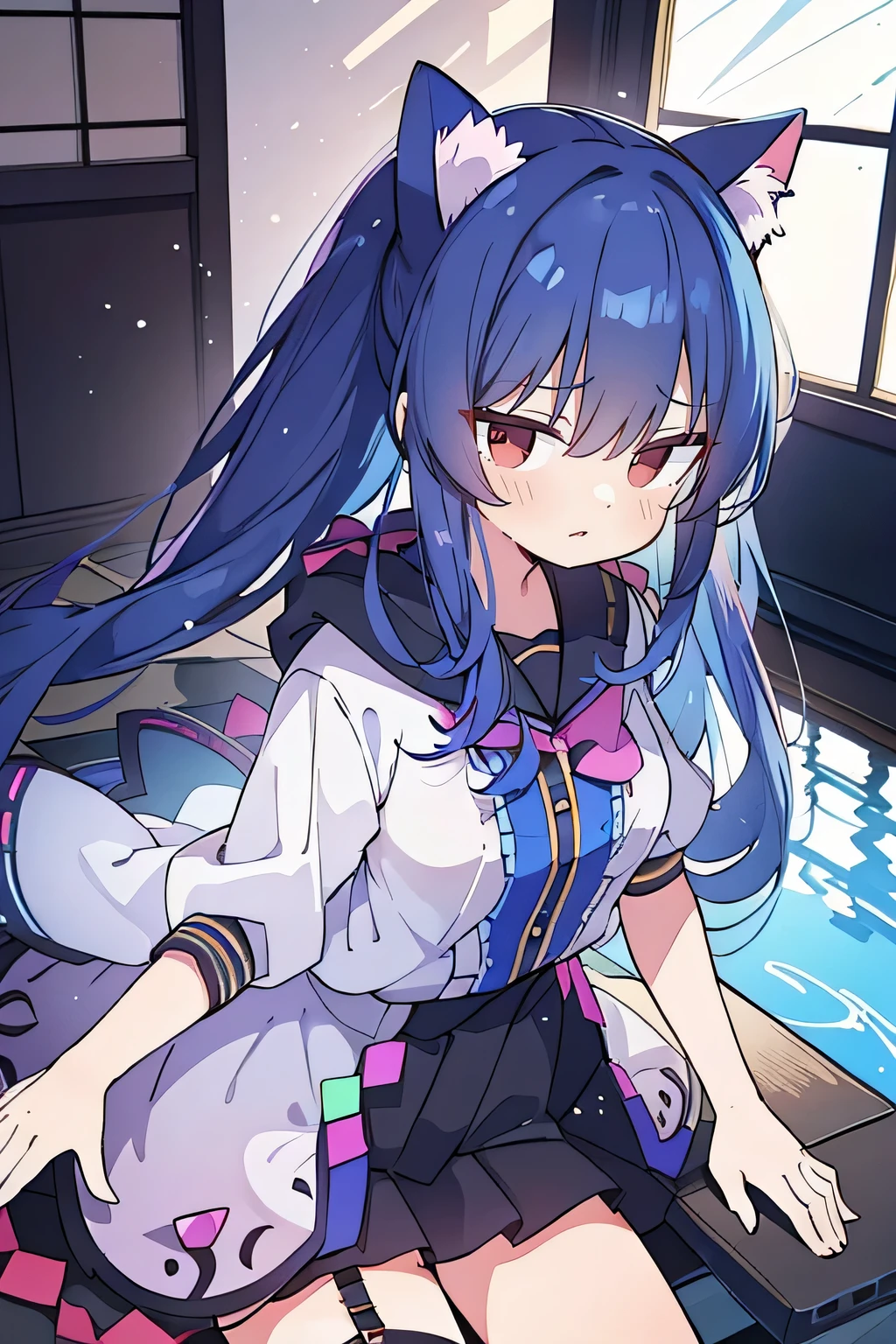 (masterpiece:1.2),Super detailed,lifelike,Expressive eyes,fair skin,perfect face shape,1 girl,
Japanese comics,Gorgeous blue hair,flowing blue hair,flowing clothes,Cat ears,Petals fall,beautiful lola,Baby Angel,
Shaking head with one hand,Cross your legs,Gentle and peaceful background,The pavilion is cool and comfortable,smile, wearing hoodie, background of tokyo,back views,snowing, winter,lie on the water.(Best Quality: 1.3), (Masterpiece: 1.3), (Illustration: 1.3), (Ultra Detailed: 1.3), (Imide Lens: 0.9), 1girl, Medium Breasts, Purple Eyes, ((Dark Blue Hair) ), hair accessories, young, clothing-gladiia, long hair, dark blue hair, indoors, black shorts, high socks, low ponytail, expressionless, upper body, close-up, coat, skirt,