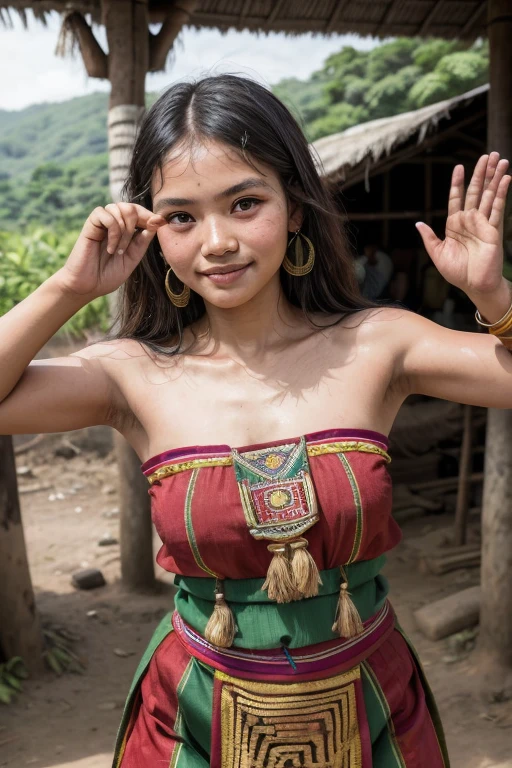 ((best quality)), ((masterpiece)), (detailed), perfect face, prefect clean skin,  young Floresian girl wear Sleeveless strapless Floresian traditional songke dress, Lawo Lambu, in front of Mbaru Niang, typical beauty of the Ende tribe, raised her hand and expose her armpits while she dancing 