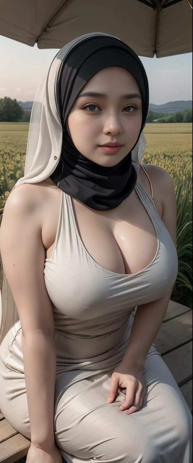 ( Close Up),RAW, Best quality, high resolution, works: 1.3), Beautiful Malay woman in hijab, Masterpiece, fit body, big breasts, beautiful big eyes, Soft smile, beautiful face, woman sitting at a table in a green meadow, traditional beauty, moment sunset, in the field, in the countryside, beautiful woman, with the sunset, wearing a soft long dress, muslim,, hijab, beautiful woman, with a beautiful appearance, a very beautiful masterpiece, a masterpiece of art, good lighting, Bright colors, Clean lines, chubby body, wide chubby hips, chubby arm, chubby massive thighs , massive cleavage , massive armpits , white armpits , armpit hair , extra cleavage, full body , milky white skin 