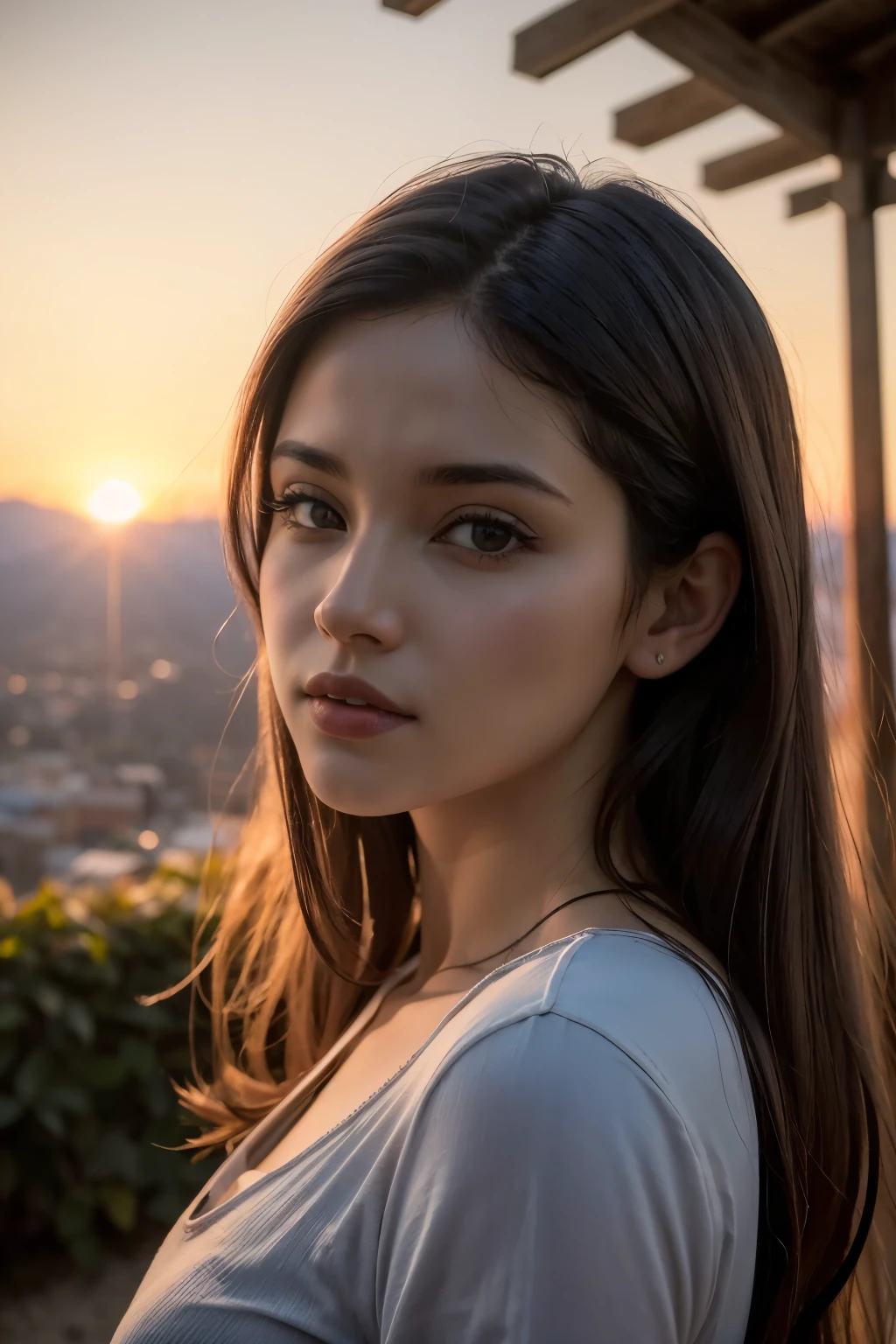 (Obra de arte), (extremamente complexo:1.3), (realista), retrato de uma , a mais bonita do mundo, tronco, ao ar livre, luz solar intensa, castelo distante, fotografia profissional de uma mulher deslumbrante detalhada, sharp focus, dramatic, premiado, cinematic lighting, octano render motor irreal, volumetric dtx, (film grain, fundo desfocado, primeiro plano desfocado, Bokeh, profundidade de campo, sunset, desfoque de movimento:1.3), cota de malha