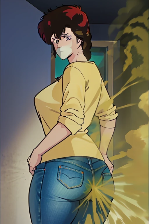 HD, high quality, high resolution, ultrahd,Kaori Makimura, 1female, wearing casual outfit, light green shirt, jeans, default hair, brown hair, very tall body, thin body, massive fart, yellow smoke, wide eyes, leaning, embarrassed, covering nose with hand, covering mouth with hand, viewing ass