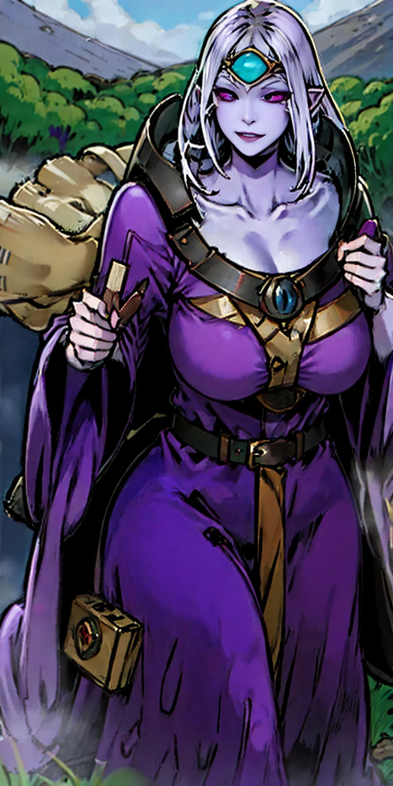 (Female drow elf chest covered very purple skin)(smile) pale golden hair and violet eyes. They prefer clothing of white and silver with cloaks of deep blue or purple, village background, huge knockers, ((very precise detailed)), ((high res)