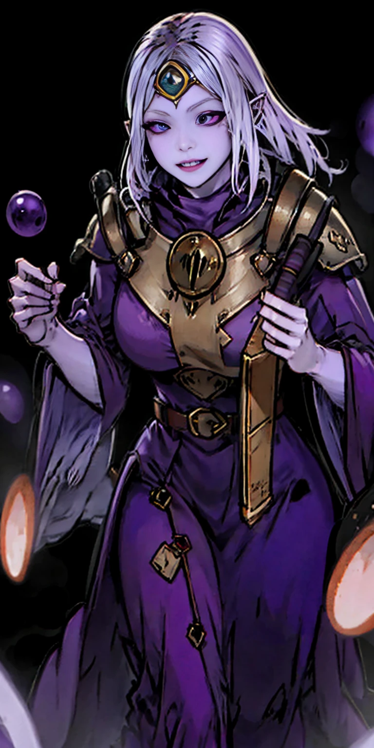 (Female drow elf chest covered very purple skin)(smile) pale golden hair and violet eyes. They prefer clothing of white and silver with cloaks of deep blue or purple, village background, huge knockers, ((very precise detailed)), ((high res)