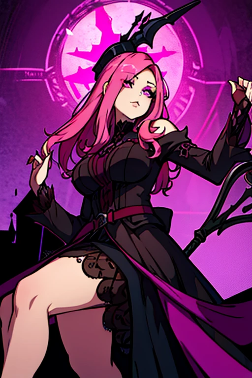 A pink haired female reaper with violet eyes and an hourglass figure in gothic ballgown is spinning her scythe in a Gothic castle