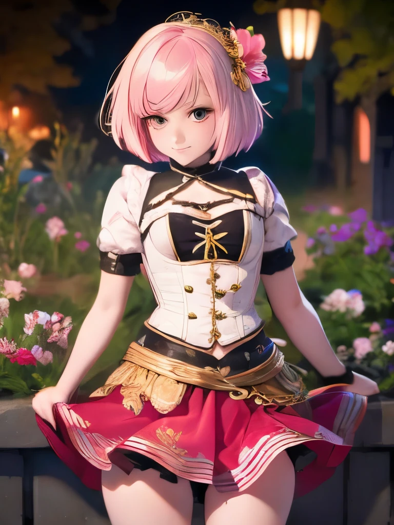 18 year old beautiful girl, masterpiece, best quality, 8K animation, detailed fingers, precise fingers, not unnatural hands, illustration, 1 girl, solo, pink bob cut, gold crown, flower hair ornament, sagging eyes, red mini skirt, YUI