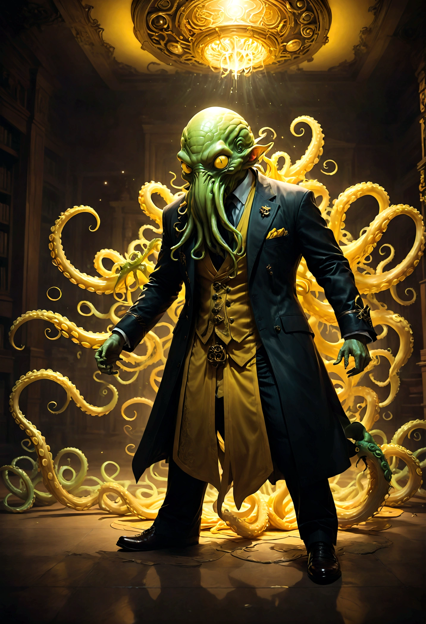Korosensei de "Assassination sala de aula", yellow body with Cthulhu tentacles for foot, professor, (morteiro), yellow head, sorriso, grande sorriso, rosto, (sala de aula), escola, dramatic composition, cinematic dynamic action scene, cores vibrantes, cinematic lighting, dramatic lighting, melhor qualidade, Obra de arte, very aesthetic, perfect composition, detalhes intrincados, ultra-detalhado