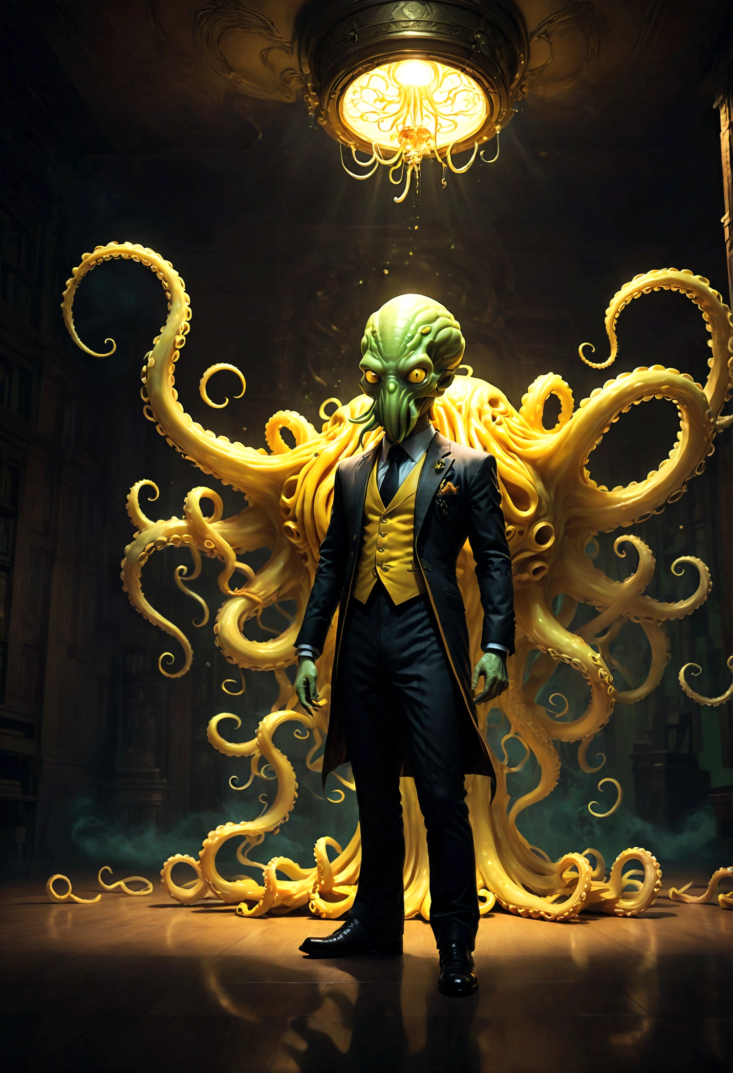 Korosensei de "Assassination sala de aula", yellow body with Cthulhu tentacles for foot, professor, (morteiro), yellow head, sorriso, grande sorriso, rosto, (sala de aula), escola, dramatic composition, cinematic dynamic action scene, cores vibrantes, cinematic lighting, dramatic lighting, melhor qualidade, Obra de arte, very aesthetic, perfect composition, detalhes intrincados, ultra-detalhado