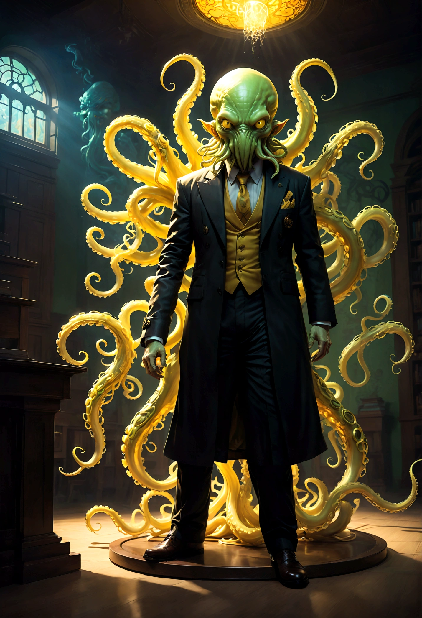 Korosensei de "Assassination sala de aula", yellow body with Cthulhu tentacles for foot, professor, (morteiro), yellow head, sorriso, grande sorriso, rosto, (sala de aula), escola, dramatic composition, cinematic dynamic action scene, cores vibrantes, cinematic lighting, dramatic lighting, melhor qualidade, Obra de arte, very aesthetic, perfect composition, detalhes intrincados, ultra-detalhado