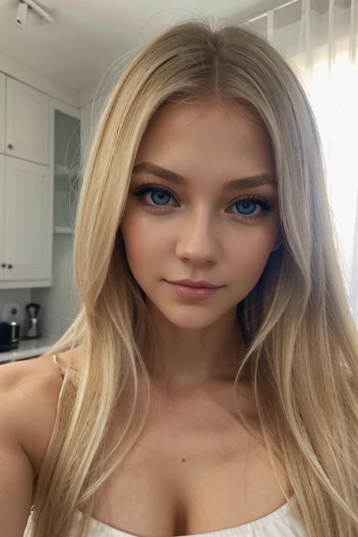  Une fille blonde russe. elle a les yeux bleus gris. Her straight, slightly wavy blonde hair, long and thick. Ses yeux bleus, with long, dark eyelashes. a straight and slightly upturned nose. Elle prend un selfie