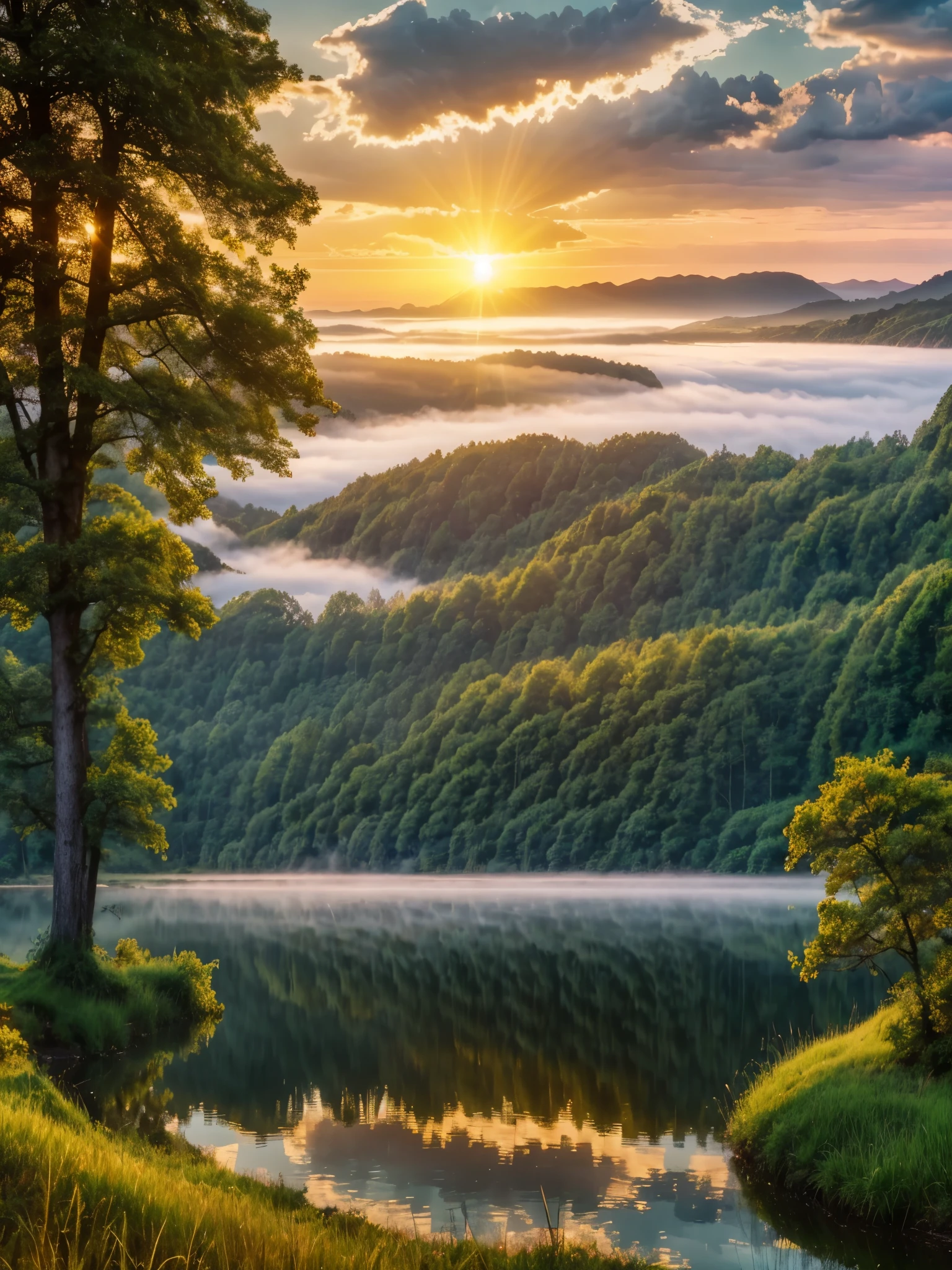 a beautiful sunrise over a serene lake, dramatic clouds, sun rays, fog, lush green trees, detailed landscape, golden hour, dramatic lighting, vibrant colors, realistic, photorealistic, 8k, best quality, highly detailed, intricate details, cinematic, epic scale, stunning scenery, breathtaking, masterpiece